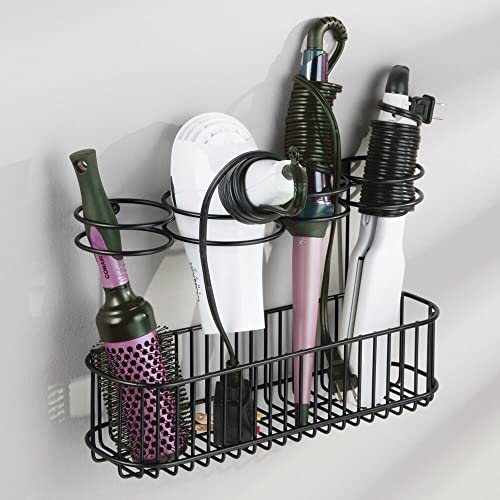 mDesign Metal Wire Cabinet/Wall Mount Hair Care & Styling Tool Organizer - Bathroom Storage Basket for Hair Dryer, Flat Iron, Curling Wand, Hair Straightener, Brushes - Holds Hot Tools - Matte Black