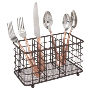 mdesign farmhouse modern metal wire cutlery and utensil storage organizer bin for kitchen, pantry, table and countertop - utensil caddy holds forks, knives, spoons, napkins - 3 sections - bronze