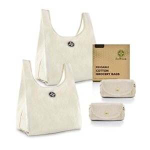 foldable cotton grocery bags, eco bags, reusable shopping bags, 100% biodegradable, zero waste home, all-natural canvas tote bags, large 15" x 18", nylon free, polyester free (set of 2)