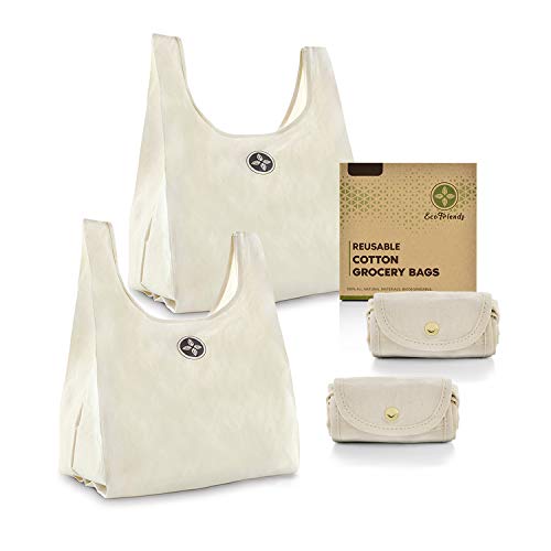 Foldable Cotton Grocery Bags, Eco Bags, Reusable Shopping Bags, 100% Biodegradable, Zero Waste Home, All-Natural Canvas Tote Bags, Large 15" x 18", Nylon Free, Polyester Free (Set of 2)