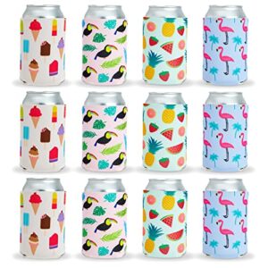 12-pack tropical neoprene can cooler sleeves for beer, soft drinks, water bottles, soda covers for bridal shower, bachelorette, beach, luau, pool parties, 4 summer-themed designs (12 oz)