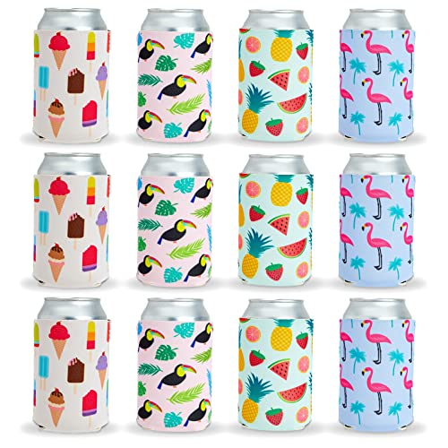 12-Pack Tropical Neoprene Can Cooler Sleeves for Beer, Soft Drinks, Water Bottles, Soda Covers for Bridal Shower, Bachelorette, Beach, Luau, Pool Parties, 4 Summer-Themed Designs (12 Oz)