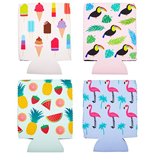 12-Pack Tropical Neoprene Can Cooler Sleeves for Beer, Soft Drinks, Water Bottles, Soda Covers for Bridal Shower, Bachelorette, Beach, Luau, Pool Parties, 4 Summer-Themed Designs (12 Oz)