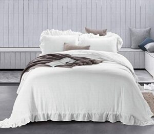 meadow park stone washed french linen duvet cover set 3 pieces - super soft, full/queen 90 inches x 92 inches - shams 20 inches x 26 inches, ruffled style - button closure - corner ties, white color