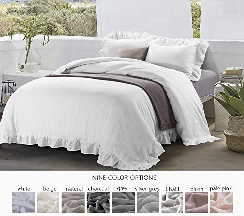 meadow park Stone Washed French Linen Duvet Cover Set 3 Pieces - Super Soft, Full/Queen 90 inches x 92 inches - Shams 20 inches x 26 inches, Ruffled Style - Button Closure - Corner Ties, White Color