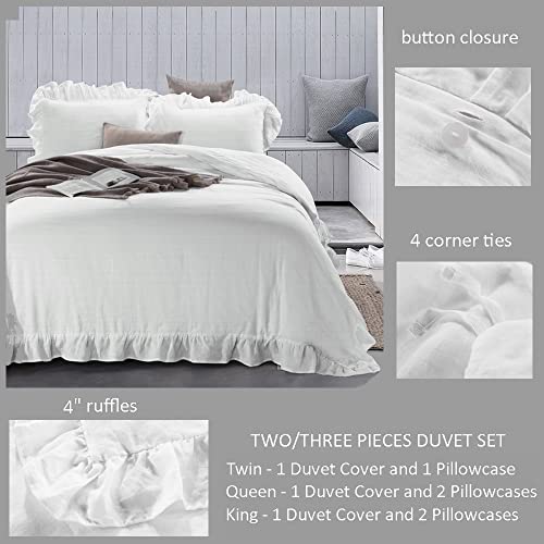 meadow park Stone Washed French Linen Duvet Cover Set 3 Pieces - Super Soft, Full/Queen 90 inches x 92 inches - Shams 20 inches x 26 inches, Ruffled Style - Button Closure - Corner Ties, White Color