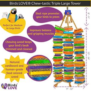 Birds LOVE Chew-Tastic Triple Tower of Shredded Fun Colorful Safe Lots of Wood to Chew Large Bird Cage Toy for African Greys, Amazons, Eclectus, Cockatoos, Macaws and Similar Sized Birds