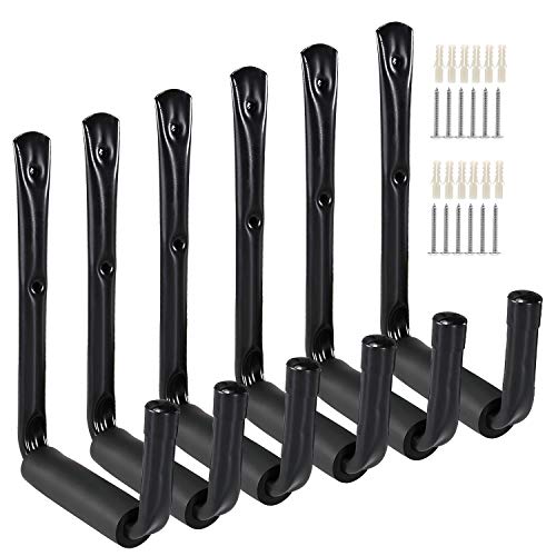 Ihomepark Heavy Duty Garage Storage Utility Hooks with Jumbo Arm, Wall Mount Garage Brackets Hanger & Organizer for Ladder Tool Chair Hose(6 Pack - Black)