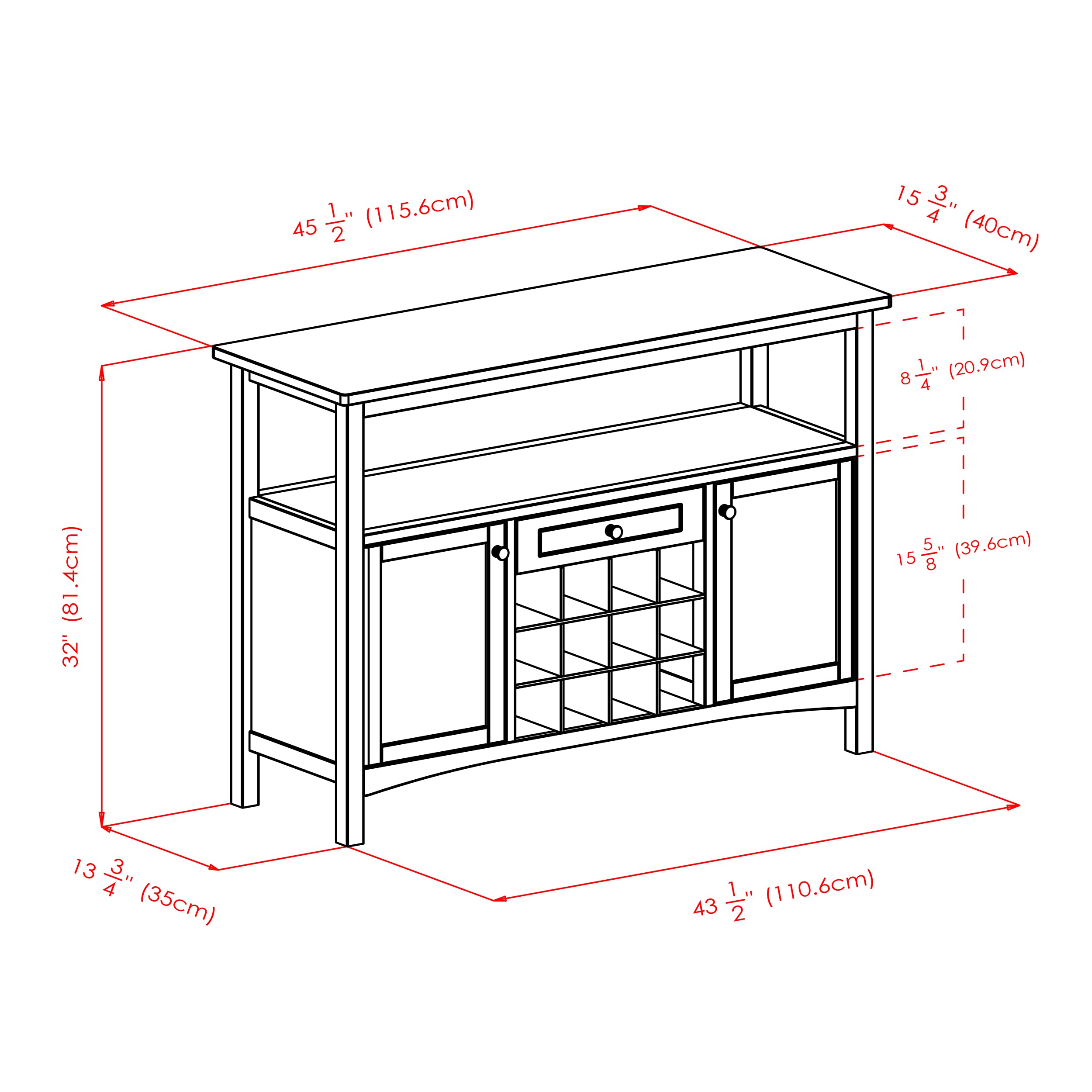 Winsome Colby Buffet Cabinet, Walnut, 45.51x15.75x32.05