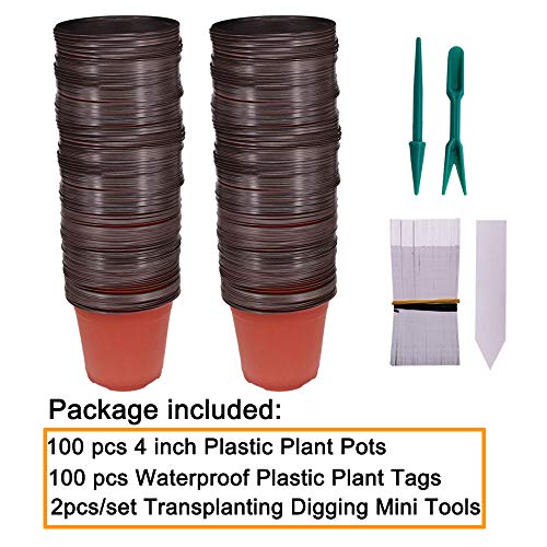 Huvai 100 Pcs 4" Plastic Seedlings Plants Nursery Pots with 100 Pcs Waterproof Plastic Plant Tags and 2Pcs/Set Transplanting Digging Mini Tools