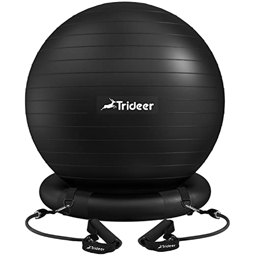 Trideer Ball Chair Yoga Ball Chair Exercise Ball Chair with Base & Bands for Home Gym Workout Ball for Abs, Stability Ball & Balance Ball Seat to Relieve Back Pain (Black with Bands, 65cm)