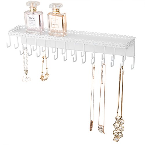 MyGift 26-Hook White Wall-Mounted Metal Jewelry Organizer with Display Shelf