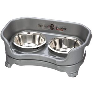 neater feeder express for small dogs - mess proof pet feeder with stainless steel food & water bowls - drip proof, non-tip, and non-slip - gunmetal grey