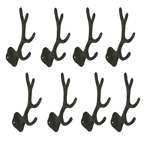 Set of 8 Rustic Brown Cast Iron Antler Wall Hooks Decorative Bathroom Towel Holder Mount Hat Hanging Rack Western Décor 5.75 Inches High