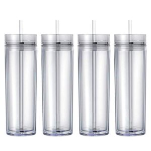 maars drinkware double wall insulated skinny acrylic tumblers with straw and lid, 16 oz. (4 pack, clear)