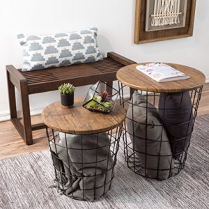 Lavish Home End Storage – Nesting Wire Basket Base and Wood Tops – Industrial Farmhouse Style Side Table, Set of 2 - Round Black, Brown