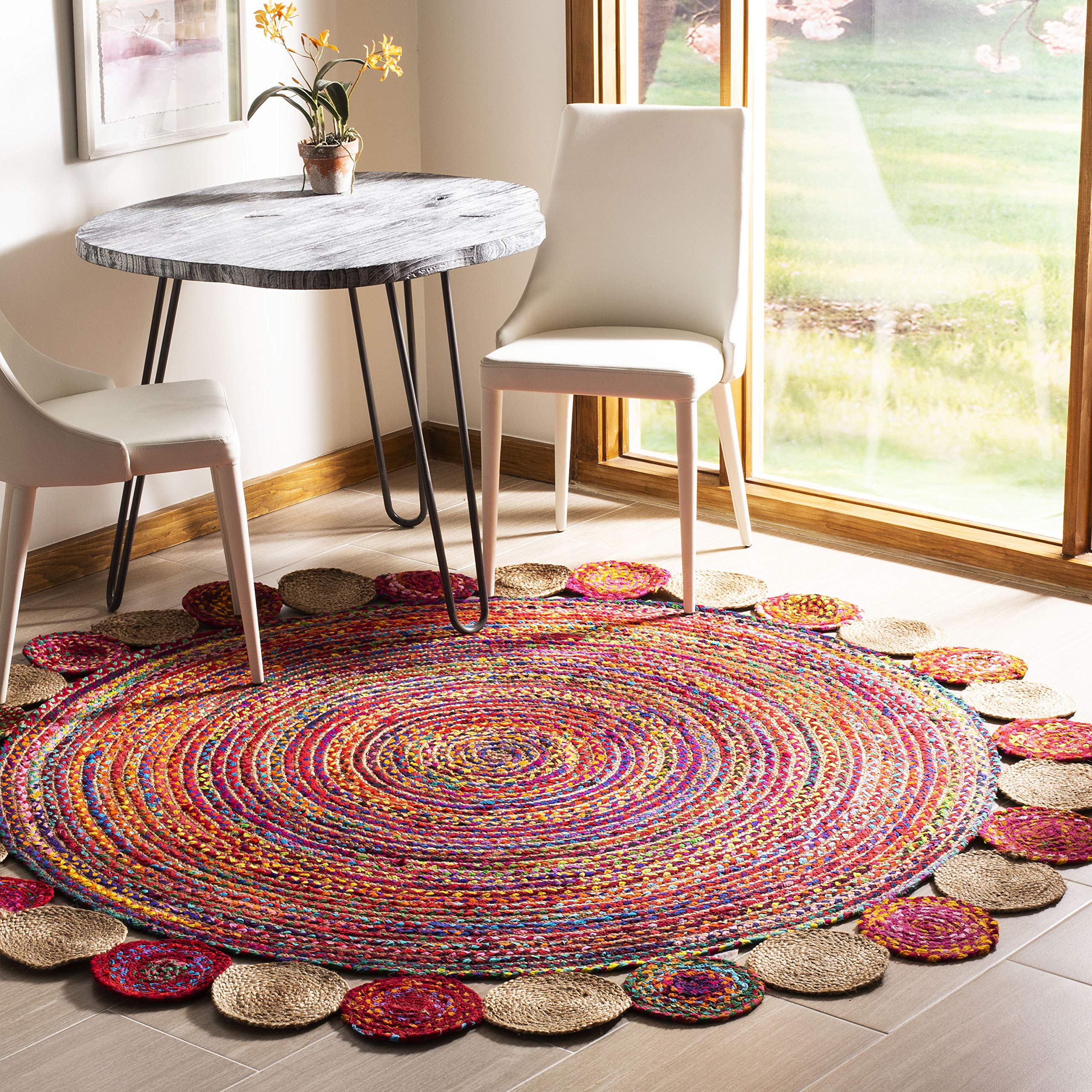 SAFAVIEH Cape Cod Collection 3' Round Red / Multi CAP201A Handmade Boho Braided Jute & Cotton Area Rug