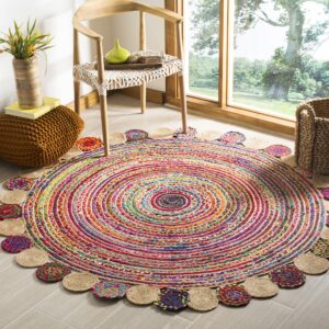 SAFAVIEH Cape Cod Collection 3' Round Red / Multi CAP201A Handmade Boho Braided Jute & Cotton Area Rug