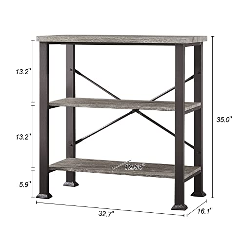 HOMBAZAAR Bookshelf, 3-Tier Vintage Industrial Book Shelf, Rustic Wood and Metal Bookcase and Bookshelves, Free Standing Storage Small Bookshelf for Living Room, Bedroom and Kitchen, Grey Oak