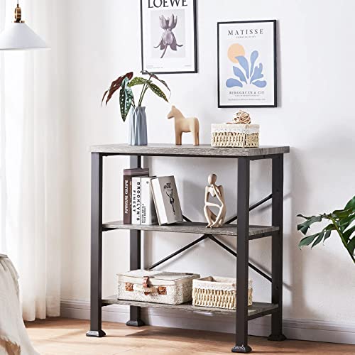 HOMBAZAAR Bookshelf, 3-Tier Vintage Industrial Book Shelf, Rustic Wood and Metal Bookcase and Bookshelves, Free Standing Storage Small Bookshelf for Living Room, Bedroom and Kitchen, Grey Oak