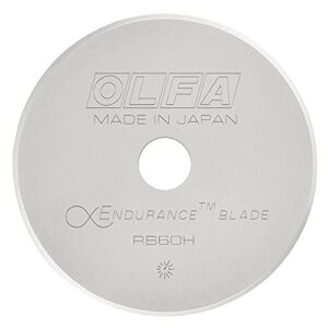 olfa 60mm rotary cutter replacement blade, 1 blade (rb60h-1) - tungsten steel endurance® circular rotary fabric cutter blade for quilting, sewing, and crafts, fits most 60mm rotary cutters