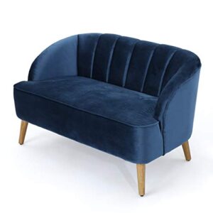 christopher knight home amaia modern velvet sofa, cobalt / walnut