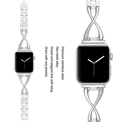 Secbolt Bands Compatible with Apple Watch Band 38mm 40mm 41mm Iwatch SE Series 8/7/6/5/4/3/2/1 Women Dressy Jewelry Stainless Steel Accessories Wristband Strap, Silver