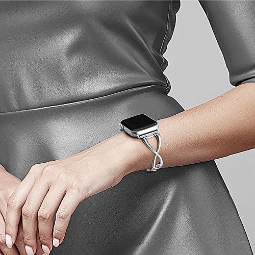 Secbolt Bands Compatible with Apple Watch Band 38mm 40mm 41mm Iwatch SE Series 8/7/6/5/4/3/2/1 Women Dressy Jewelry Stainless Steel Accessories Wristband Strap, Silver