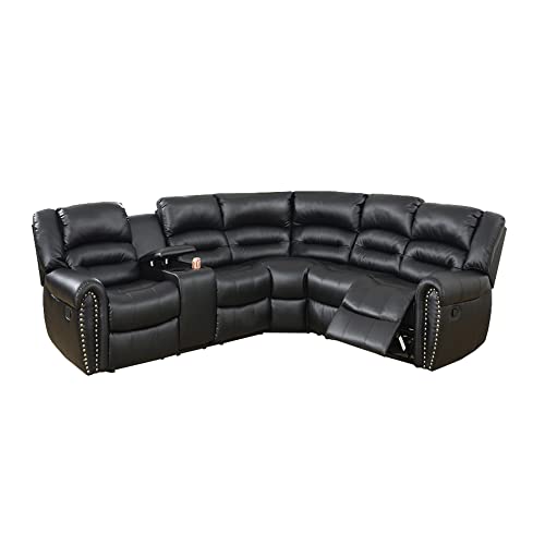 Benjara Bonded Leather 3 Piece Reclining Sectional, Black