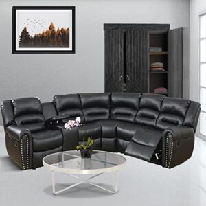 Benjara Bonded Leather 3 Piece Reclining Sectional, Black