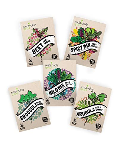 Microgreens Seeds Kit – Micro Greens Sprout Seeds Variety 5 Pack – Includes Broccoli, Beets, Arugula, Spicy and Mild Mix Microgreen Seeds for Planting and Sprouting Indoor – 100% Non-GMO