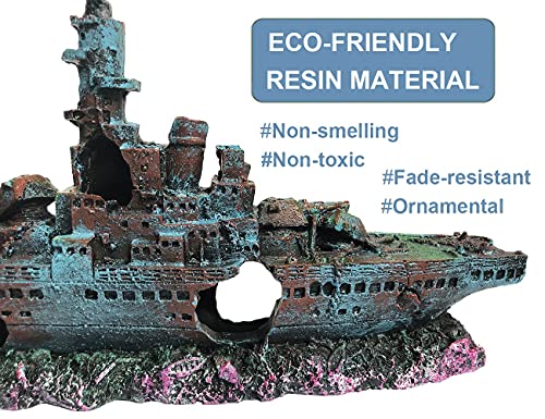 SLOCME Aquarium Shipwreck Decorations Fish Tank Ornaments - Resin Material Sunken Ship Decorations, Eco-Friendly for Freshwater Saltwater Aquarium Betta Fish Decorations