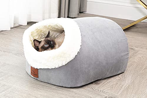 Miss Meow Cat Bed for Indoor Cats,Medium Large Cats Cave Bed,Machine Washable Slip Resistant Bottom,Ultra Soft Plush Cushion (Gray Cave)