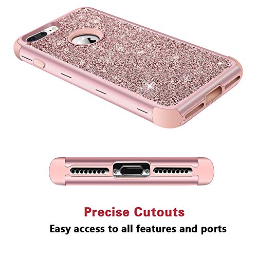 Hython iPhone 8 Plus Case, iPhone 7 Plus Case, Heavy Duty Defender Protective Case Bling Glitter Sparkle Hard Shell Armor Hybrid Shockproof Rubber Bumper Cover for iPhone 7 Plus and 8 Plus, Rose Gold