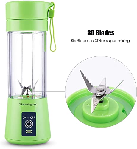 Tianmingwei Portable Blender Personal 6 Blades Juicer Cup Household Fruit Mixer with Magnetic Secure Switch USB Charger Cable 400ml (Green)