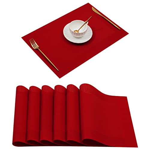 U'Artlines Placemat, Crossweave Woven Vinyl Non-Slip Insulation Placemat Washable Table Mats Set (6pcs placemats, Red)