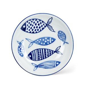 Abbott Collection 27-BLUEFISH-032 Round Shallow Dish, 4" Diameter, White and Blue