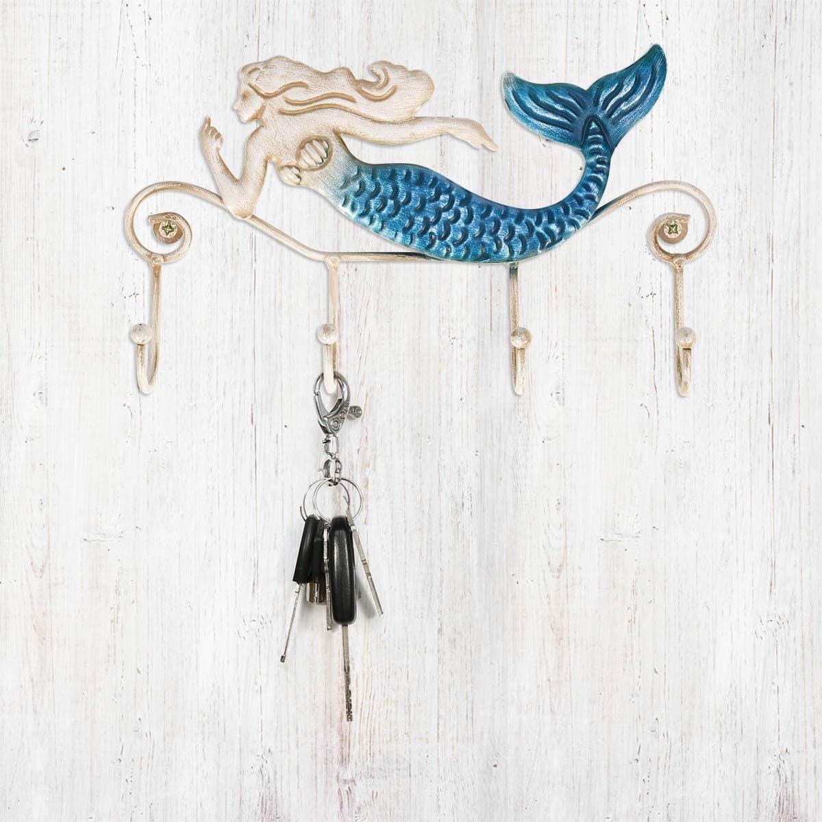 Tooarts Wall Mounted Key Holder Iron Mermaid Wall Decoration 4 Hooks for Coats Towels Bags Wall Mount Clothes Holder Screws Included