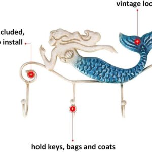 Tooarts Wall Mounted Key Holder Iron Mermaid Wall Decoration 4 Hooks for Coats Towels Bags Wall Mount Clothes Holder Screws Included