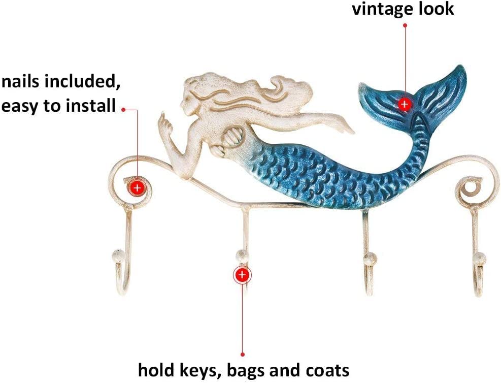 Tooarts Wall Mounted Key Holder Iron Mermaid Wall Decoration 4 Hooks for Coats Towels Bags Wall Mount Clothes Holder Screws Included