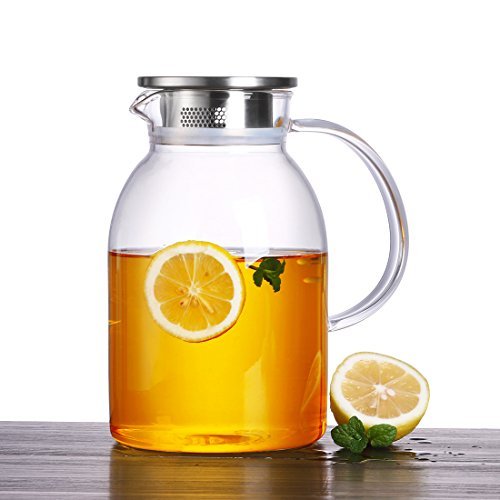 75 Ounces Large Heat Resistant Glass Beverage Pitcher with Stainless Steel Lid, Borosilicate Water Carafe with Spout and Handle, Perfect for Homemade Juice and Iced Tea