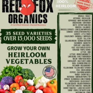 Non-GMO Heirloom Seed Kit | 15,000+ Non-Hybrid Open-Pollinated Seeds | 35 Varieties of Fruit and Vegetable Seeds |Easy Storage | Emergency Preparedness | Veteran Owned Business | Red Fox Organics