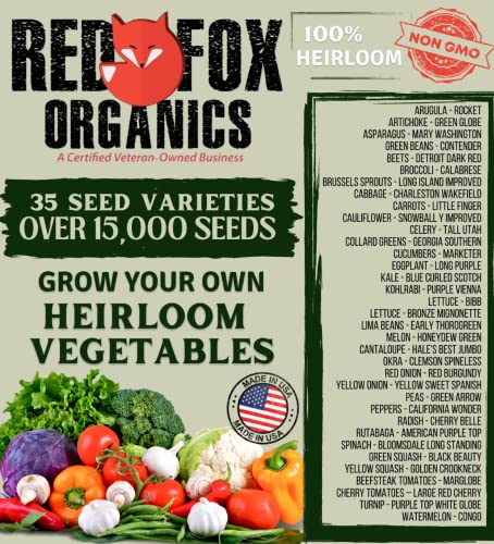 Non-GMO Heirloom Seed Kit | 15,000+ Non-Hybrid Open-Pollinated Seeds | 35 Varieties of Fruit and Vegetable Seeds |Easy Storage | Emergency Preparedness | Veteran Owned Business | Red Fox Organics