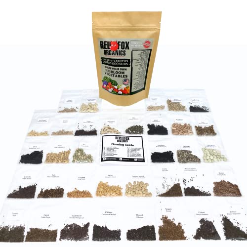 Non-GMO Heirloom Seed Kit | 15,000+ Non-Hybrid Open-Pollinated Seeds | 35 Varieties of Fruit and Vegetable Seeds |Easy Storage | Emergency Preparedness | Veteran Owned Business | Red Fox Organics