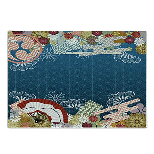 Ambesonne Modern Cutting Board, Japanese Contemporary Asian Artful with Flowers Hand Fans on Blue Backdrop Print, Decorative Tempered Glass Cutting and Serving Board, Small Size, Multicolor