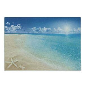 ambesonne beach cutting board for kitchen and serving sunny summer seashore clear sky seashells starfish clouds aquatic picture decorative machine washable sturdy tempered glass large size, cream blue