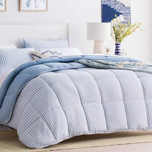 linenspa all season hypoallergenic down alternative microfiber comforter, oversized king, light blue/white