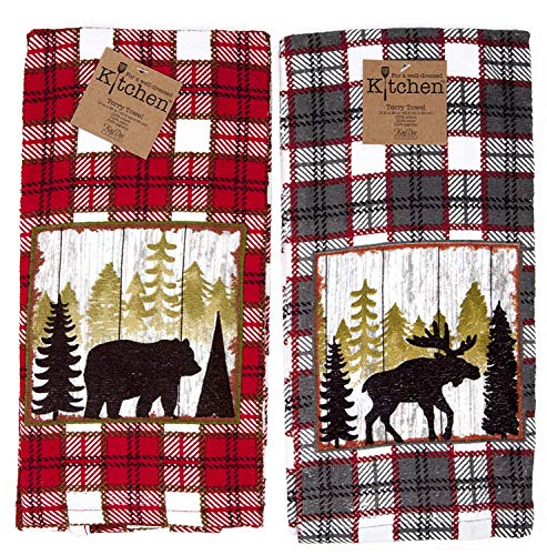 Kay Dee Kitchen Terry Towels 2pc Set Cabin Moose Bear Mountain Life Value Set