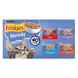 purina friskies wet cat food variety pack, shreds beef, turkey, whitefish, and chicken & salmon - (40) 5.5 oz. cans