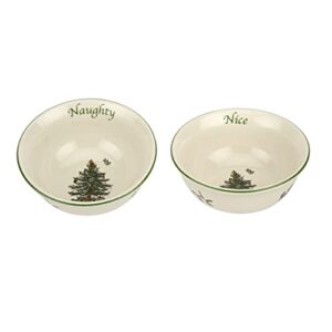 spode christmas tree collection dip bowls, set of 2, naughty and nice, beige/green, ceramic serving bowl, holiday dishes, 4-inches, dishwasher and microwave safe
